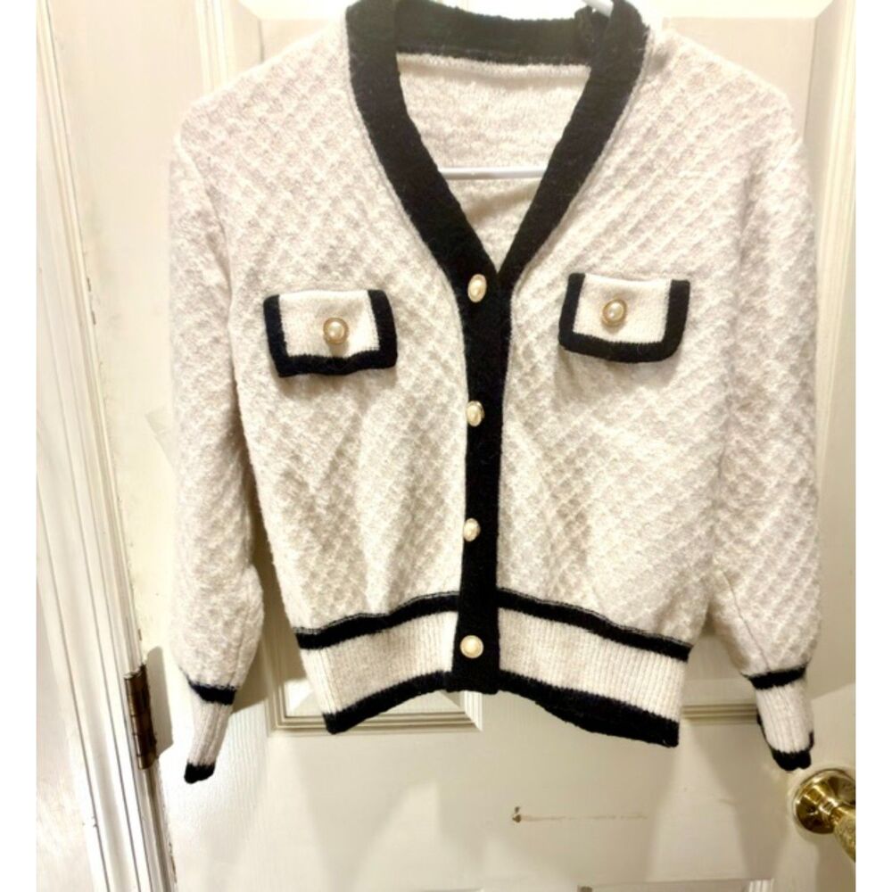 Girl's Size White and Black Trimmed Cardigan with Pearl/Gold Buttons Size Medium
